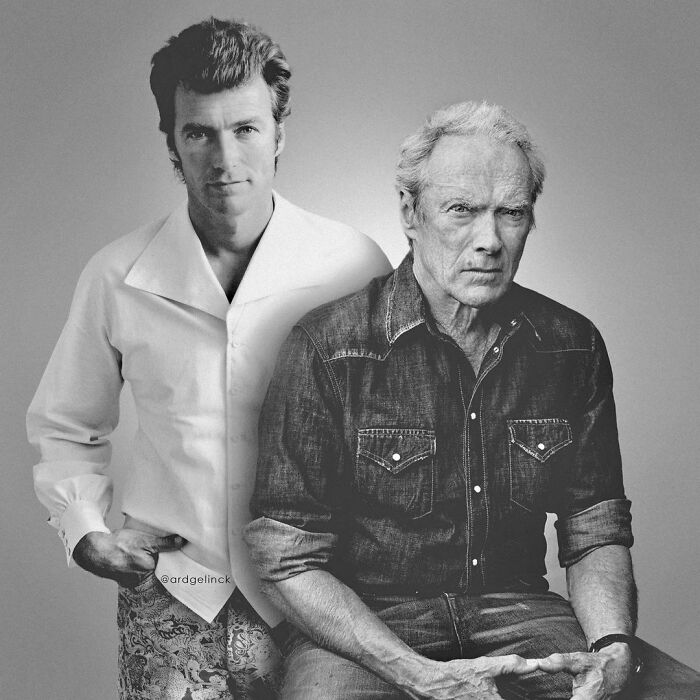 Celebrities photoshopped together; younger, older versions highlighting change over time in a black and white format.