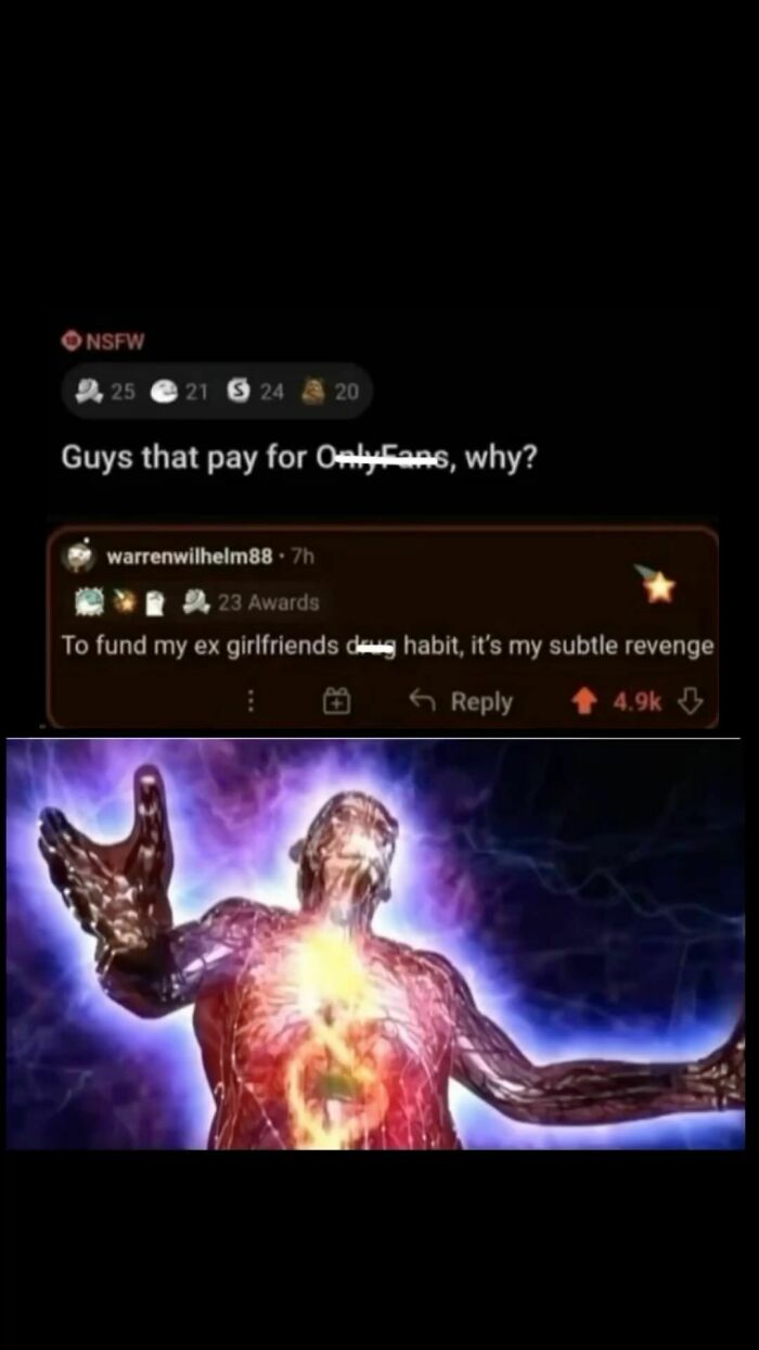 Epic comment humorously responding to a question about paying for content, followed by a glowing figure.