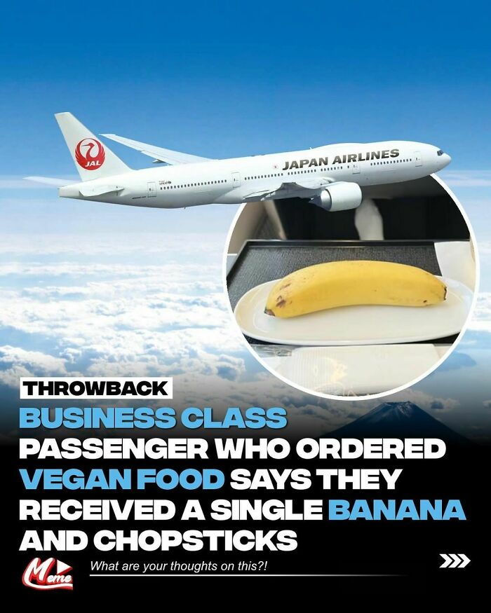 Japan Airlines meme showing a banana served as vegan food in business class.