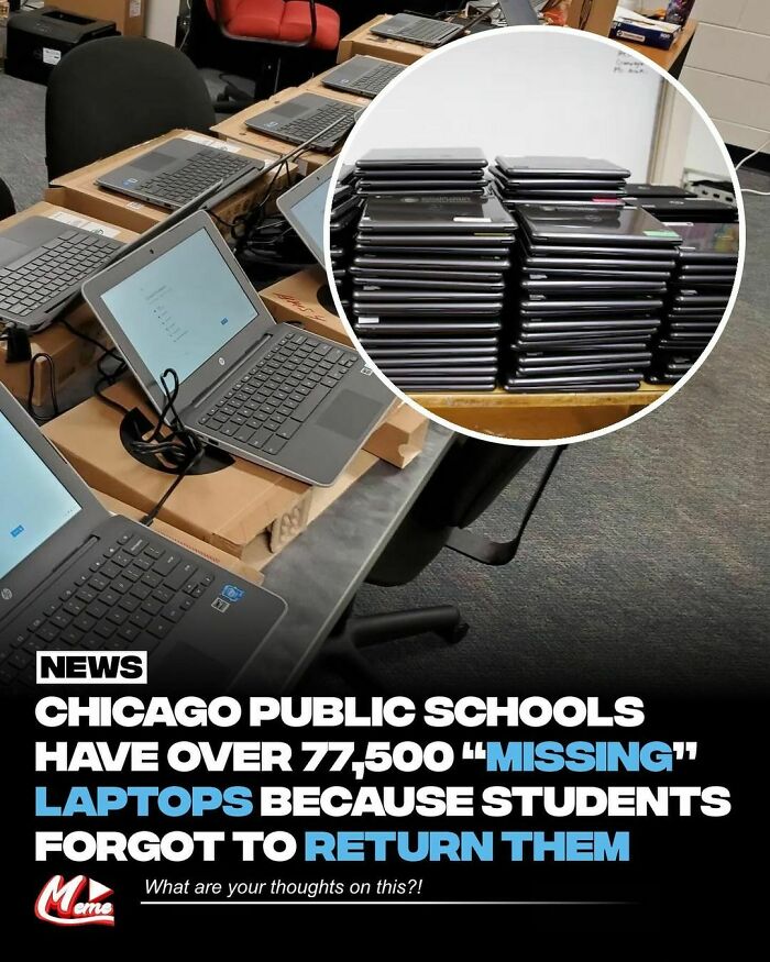 Stacks of laptops on tables in a classroom; Chicago schools have many "missing" ones, adding humor to relatable memes.