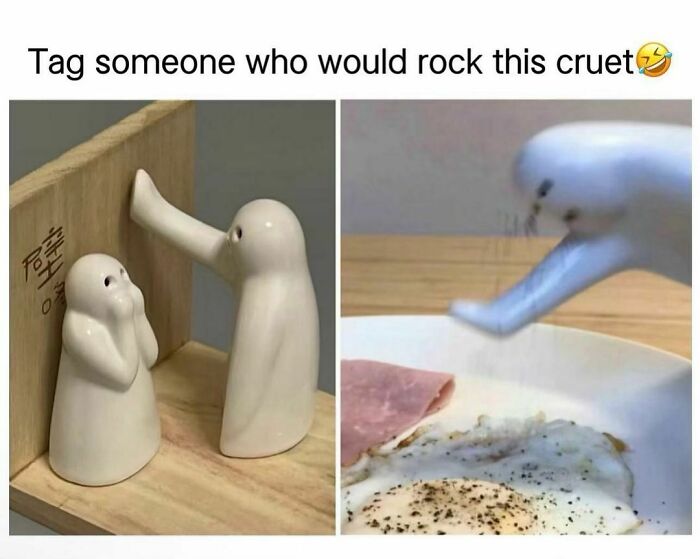Ceramic salt shaker shaped like a ghost, humorously pouring salt onto a fried egg. Relatable meme moment.