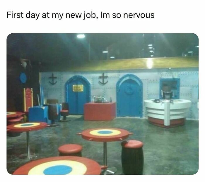 Relatable meme showing a room resembling the Krusty Krab, with colorful tables and decor referencing a popular cartoon.