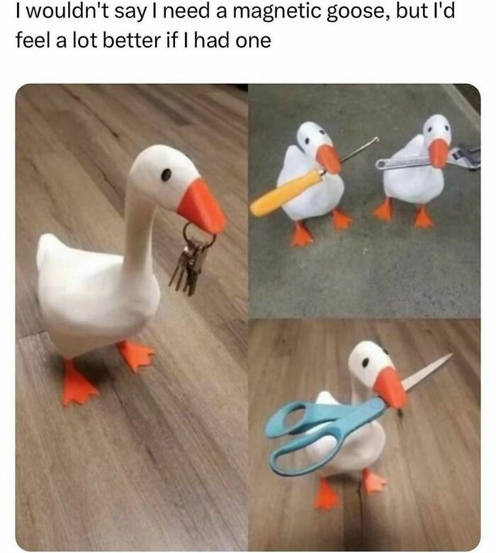 Magnetic goose toy holding tools and keys, showcasing relatable memes humor.