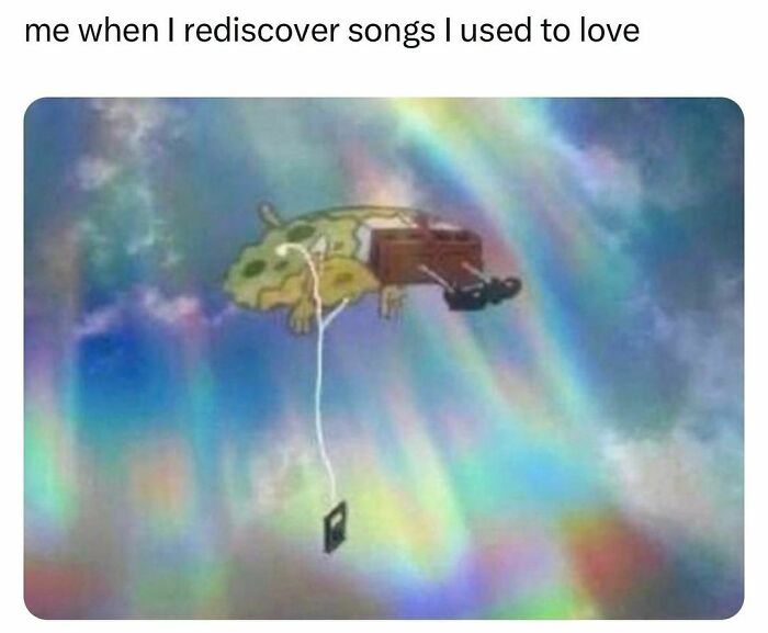 SpongeBob floating blissfully with headphones on, representing relatable random memes.