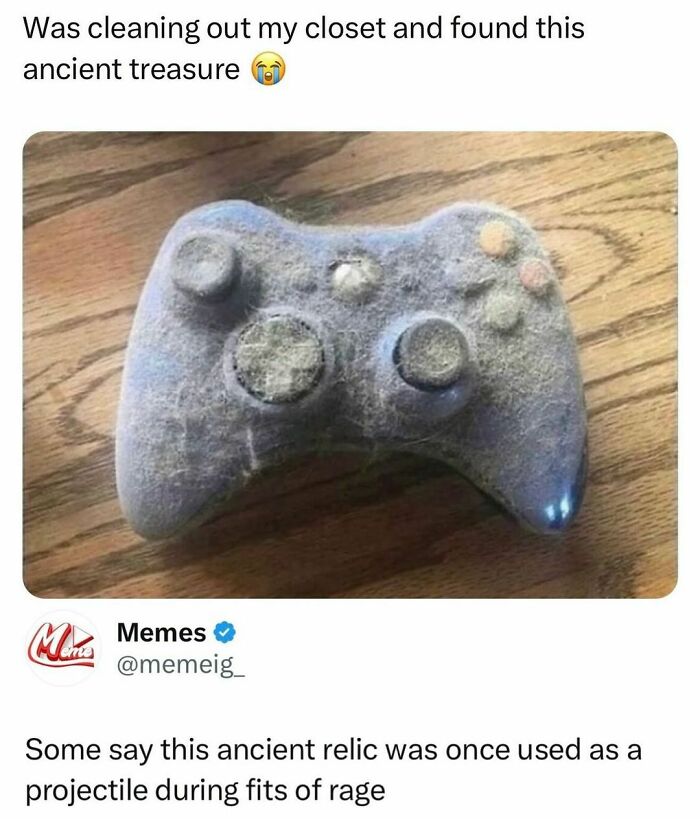 Dusty game controller meme found in closet, caption jokes about it being an ancient relic.