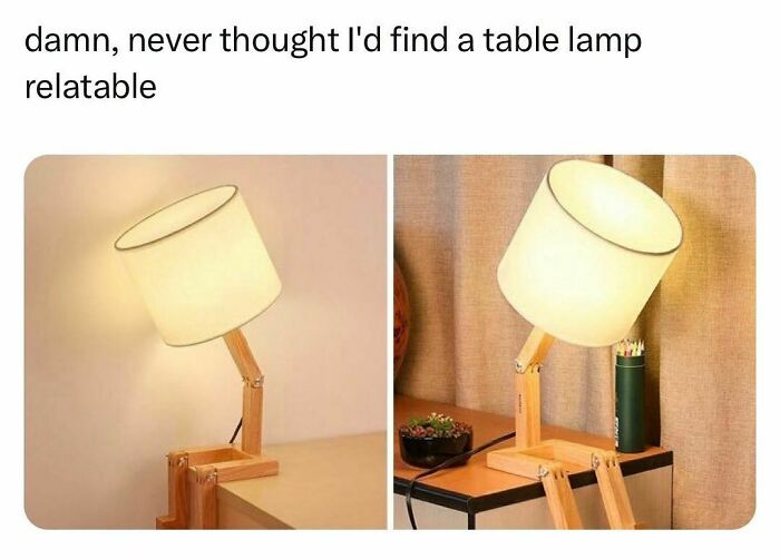 Relatable meme showing a table lamp in a humorous pose, highlighting its unexpected human-like stance.
