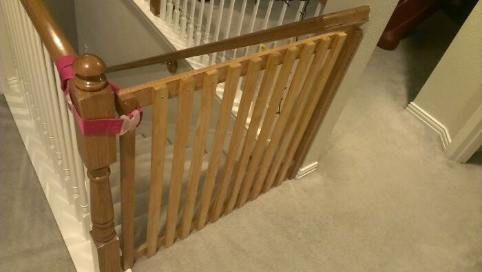 Didn't Feel Like Spending Hundreds On An Upstairs Gate, So I Hacked This Together. All I Used Was A Handsaw And A Power Drill. Would Recommend This Project To Any New Parents With Basic Woodworking Skills