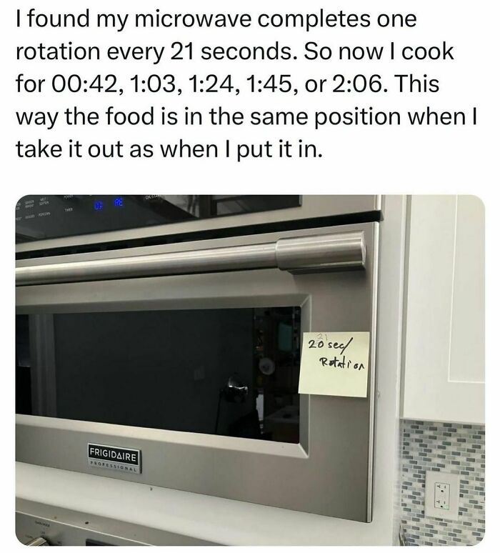 Microwave with a note about rotation speed; a funny random meme from IG showcasing precise cooking times.