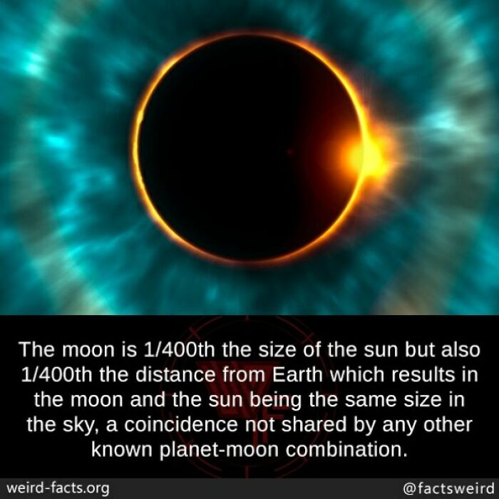 Eclipse image with weird fact about moon's size and distance from Earth compared to the sun.