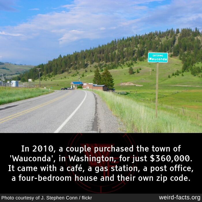 Country road leading to Wauconda, Washington, purchased by a couple for $360,000. Features café, gas station, post office. Weird facts.