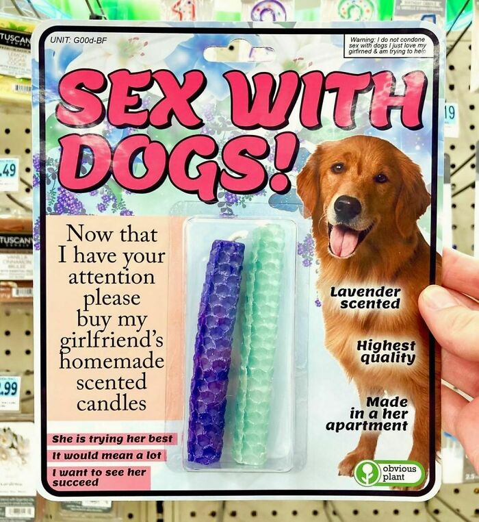 Fake product packaging of scented candles with humorous text by Obvious Plant in a store setting.
