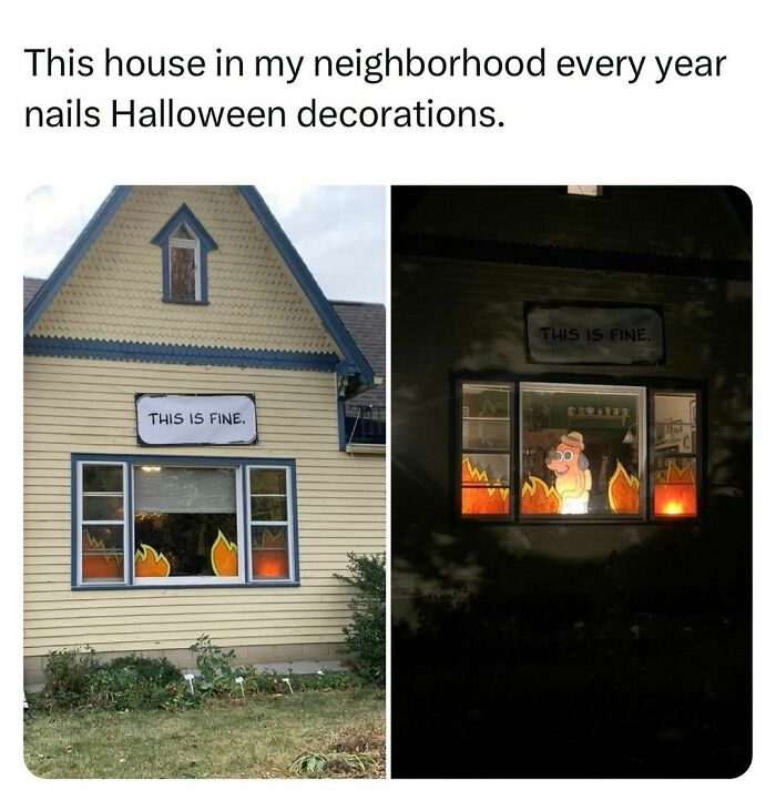 Halloween decorations on a house showing a relatable meme about students and young adults living interesting lives.