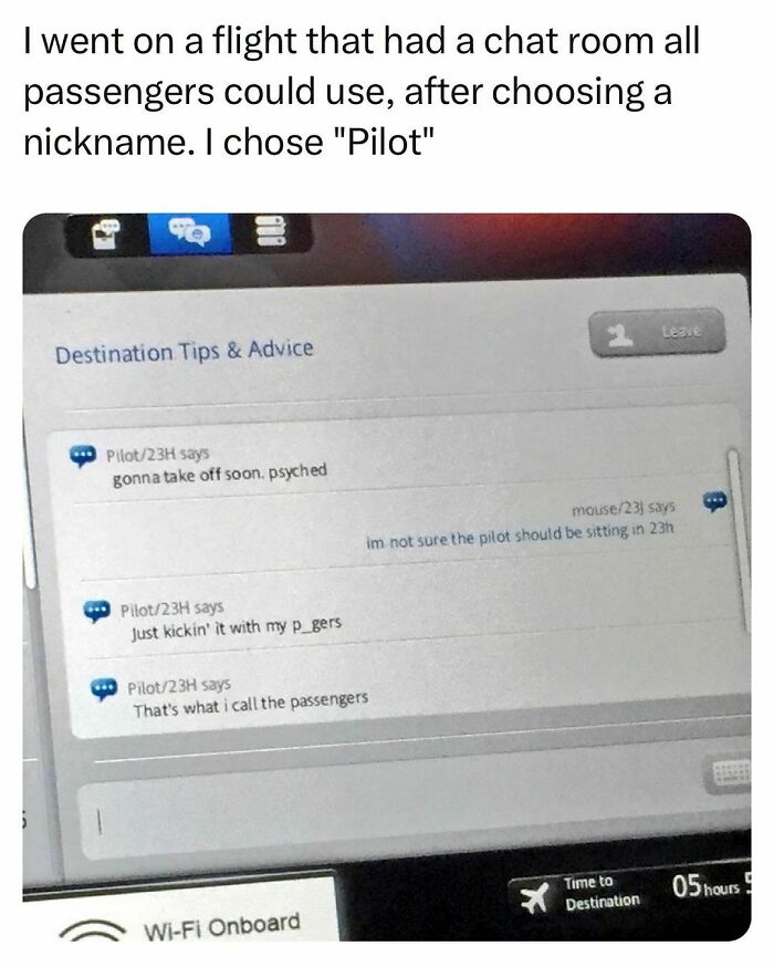 Chat room on a flight used by passengers with witty messages, showing relatable moments of students and young adults living interesting lives.