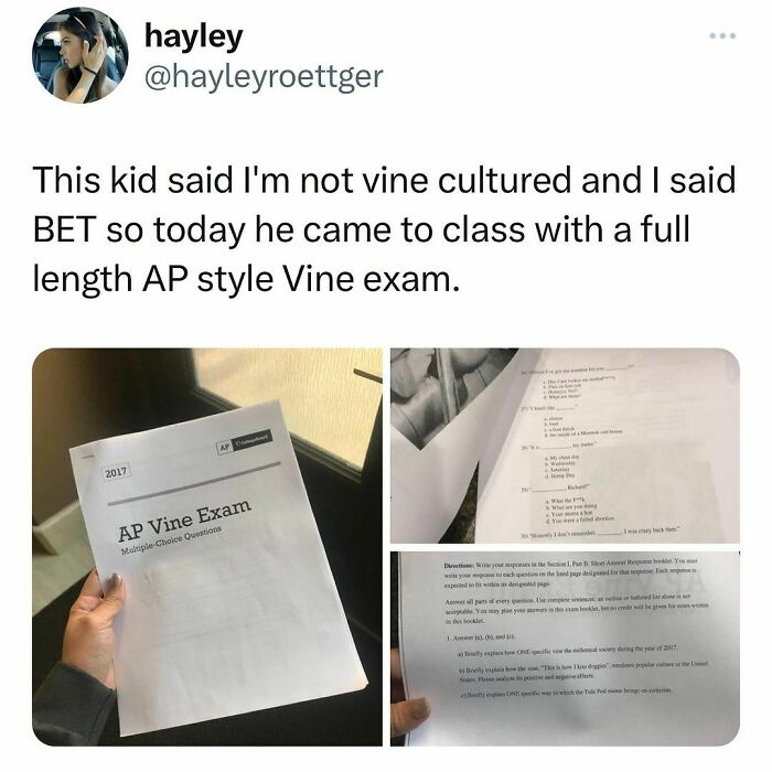Student holding an AP Vine Exam paper, showcasing relatable student and young adult life humor in memes.