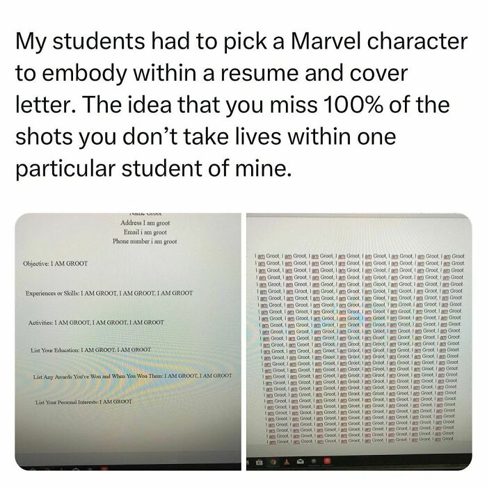 Student resume humor showing a unique cover letter embodying a Marvel character, highlighting relatable student and young adult life.