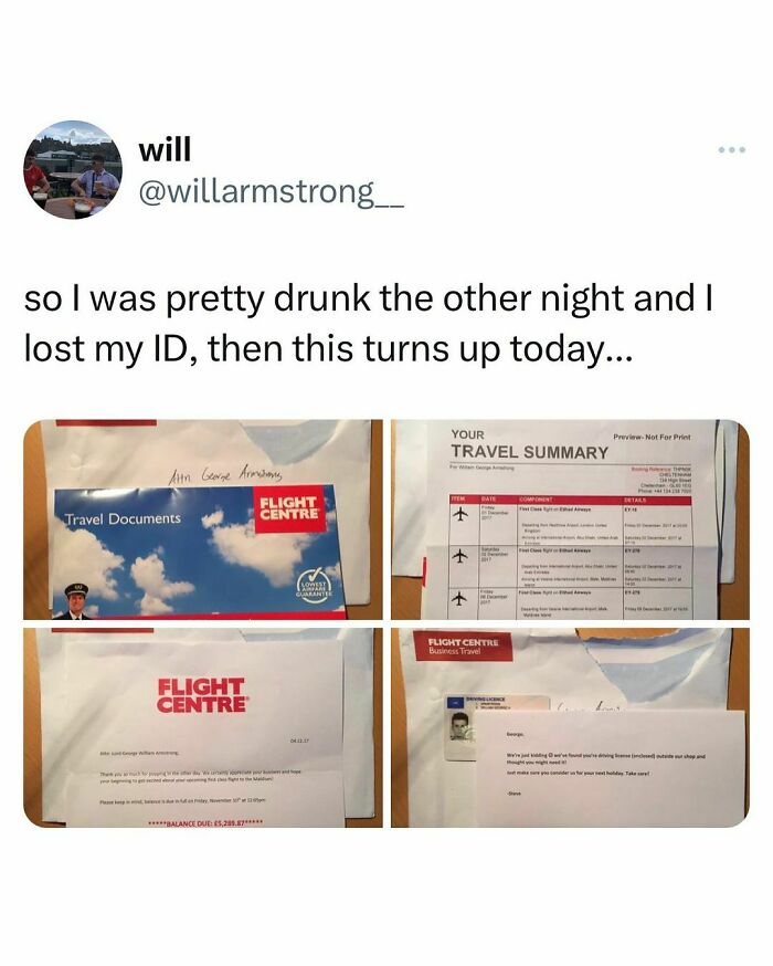 Tweet about losing an ID with travel documents and memes showing students and young adults living interesting lives.