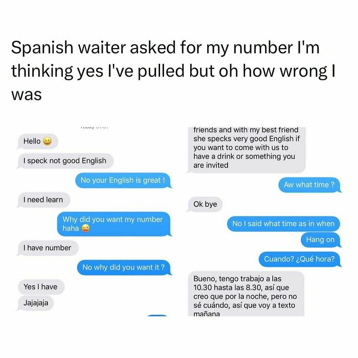 Text conversation showing a humorous interaction highlighting challenges young adults face learning languages.