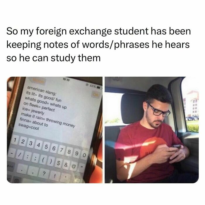 Foreign exchange student texting and studying American slang phrases, illustrating relatable student and young adult life.