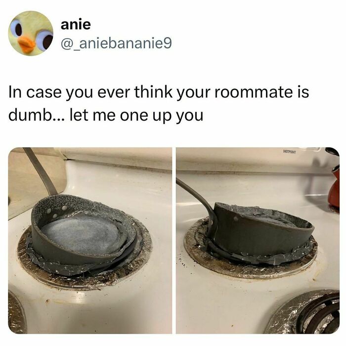 Meme showing a burnt, melted pot on a stove, illustrating relatable struggles of students and young adults.
