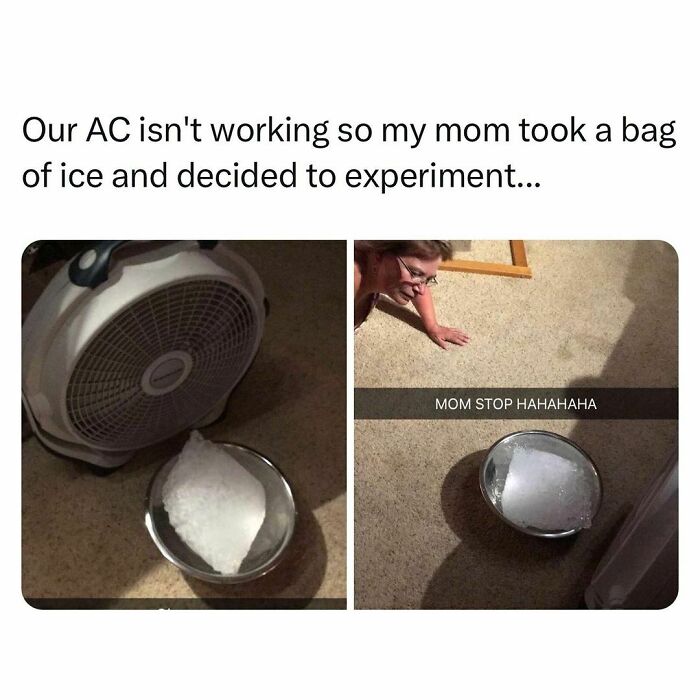 Mom tries an experiment with a bag of ice and a fan as a creative way to fix the AC problem, relatable young adult humor.