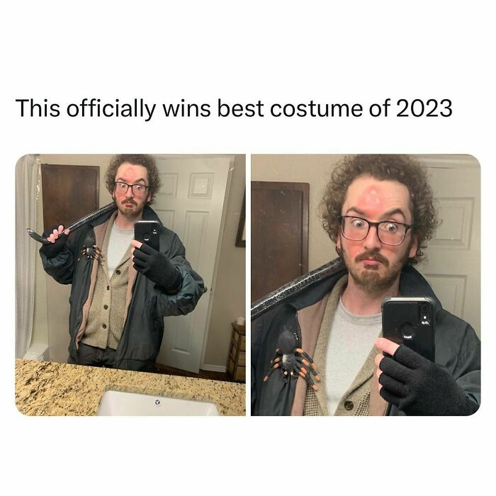 Young adult wearing creative costume with fake spider and mark on forehead, illustrating relatable student life humor.