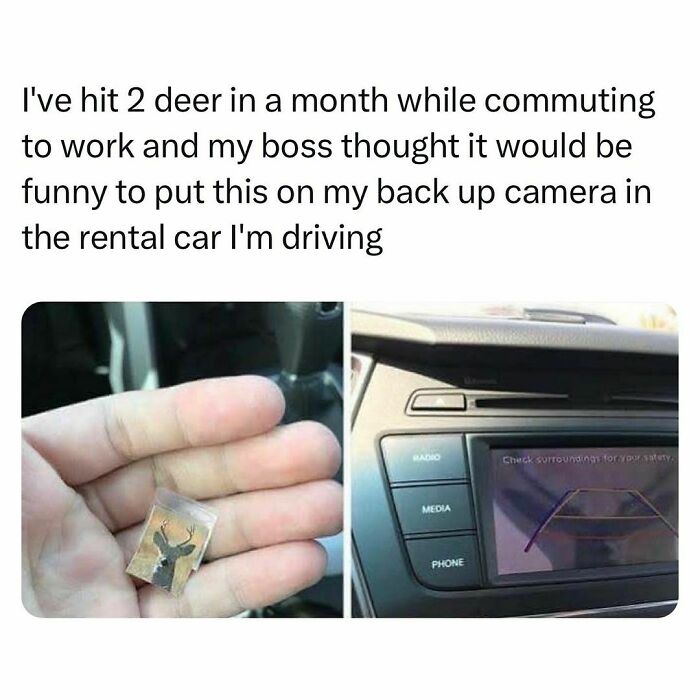 Relatable meme showing a backup camera prank on a rental car, capturing relatable moments of students and young adults.