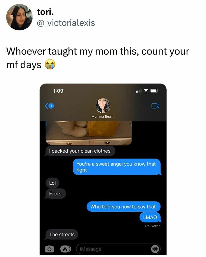 Text conversation showing relatable meme about students and young adults living interesting lives with a humorous mom message.