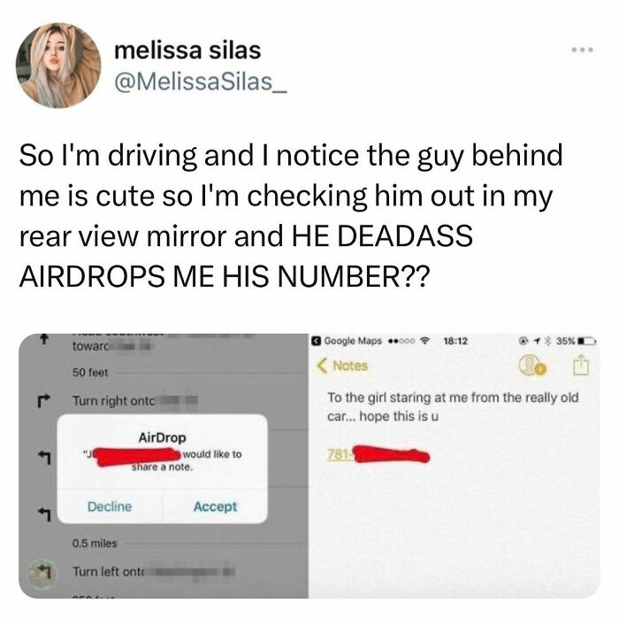 Tweet showing a relatable moment where a young adult receives a phone number via AirDrop while driving.