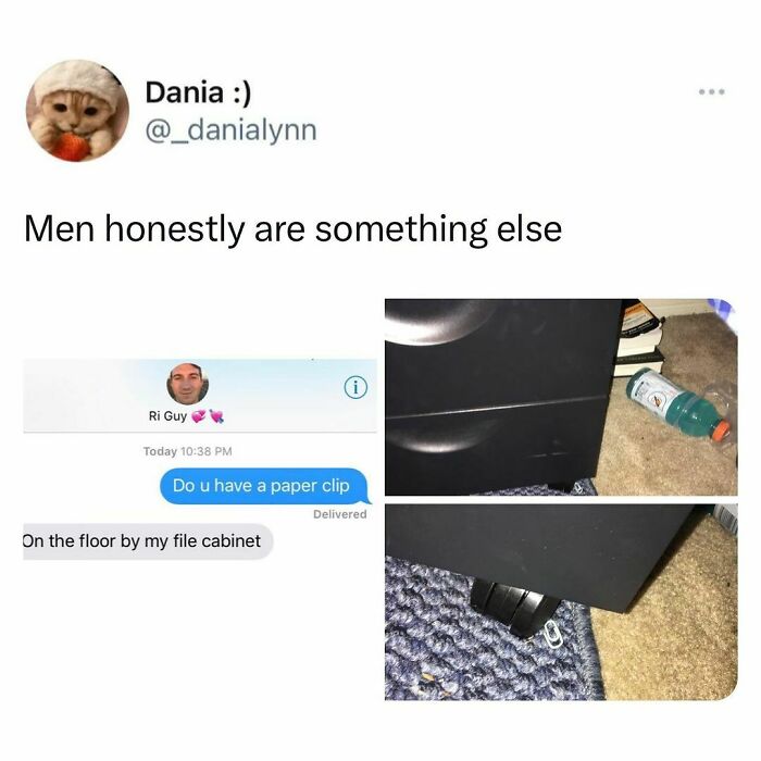 Text message meme showing relatable student life with a paper clip lost under a file cabinet in a messy room.