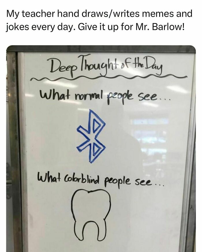 Teacher draws relatable memes on whiteboard showing how students and young adults perceive humor differently.