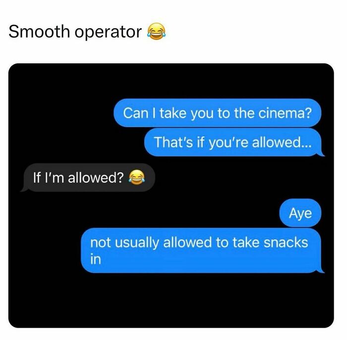 Text conversation meme showing students and young adults joking about cinema rules and taking snacks inside.