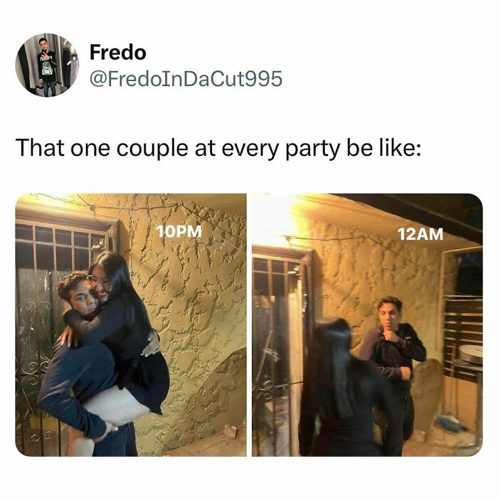 Couple at party showing affectionate and distant moments, capturing relatable lives of students and young adults in memes.