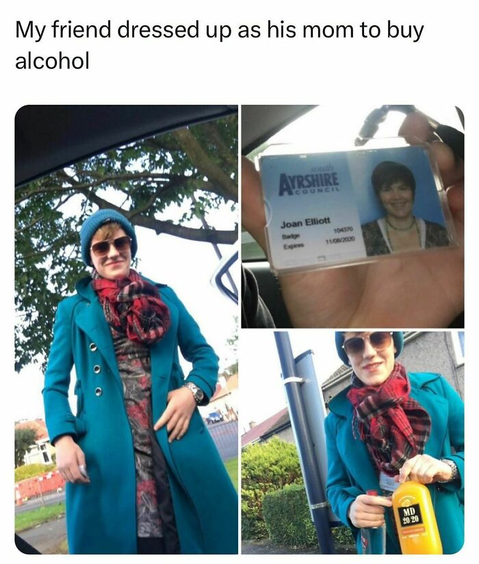 Young adult dressed as mom wearing sunglasses, teal coat, and scarf, showing ID card and holding alcohol bottle outdoors.