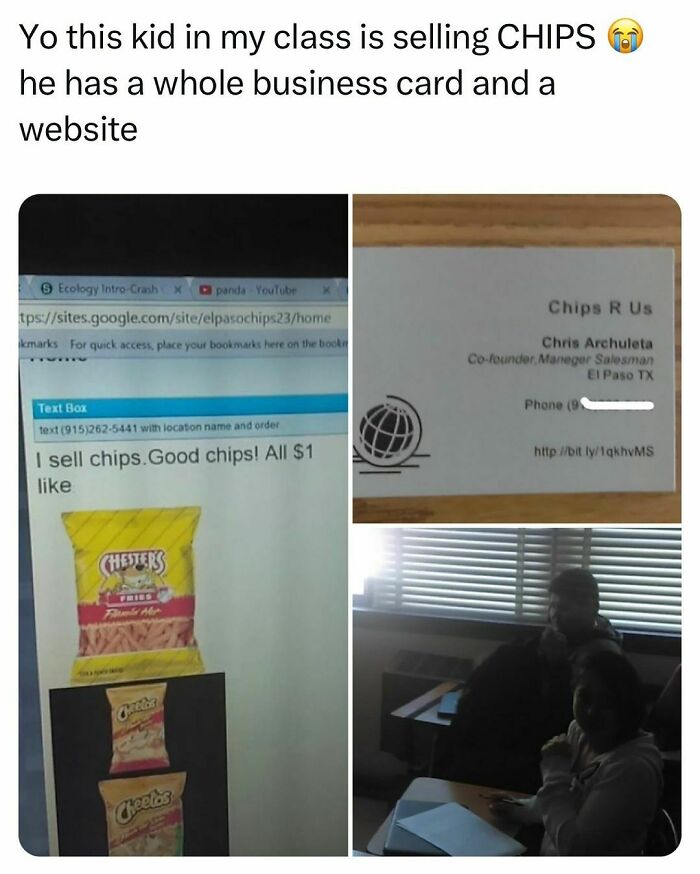 Relatable meme showing students and young adults living interesting lives selling chips with a business card and website.