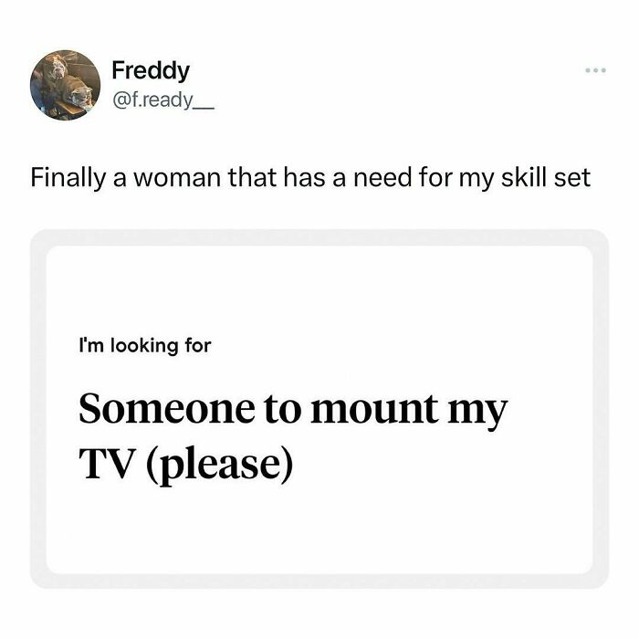 Social media meme showing a relatable post about needing help mounting a TV, reflecting students and young adults' lives.