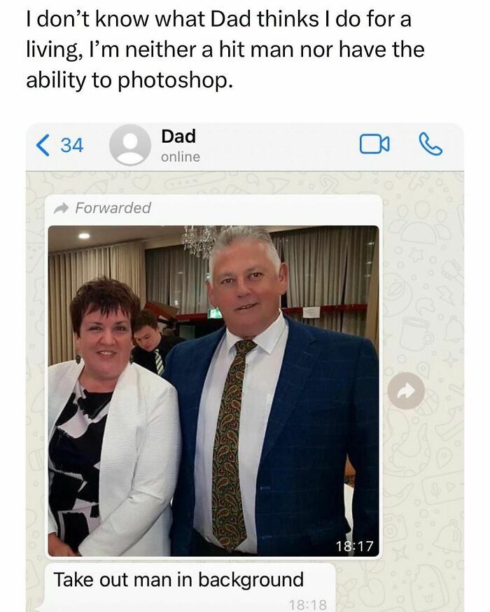 Screenshot of a text conversation referencing students and young adults with a humorous forwarded photo in the background.