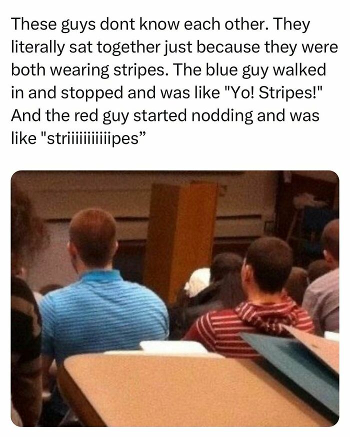 Two students in striped shirts sit together in a lecture hall, showing relatable moments from student and young adult life.