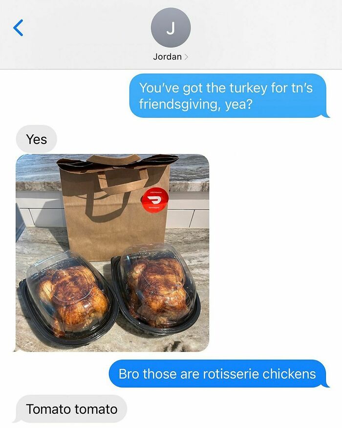 Text message exchange about friendsgiving turkey, showing two rotisserie chickens in plastic containers and a paper bag.