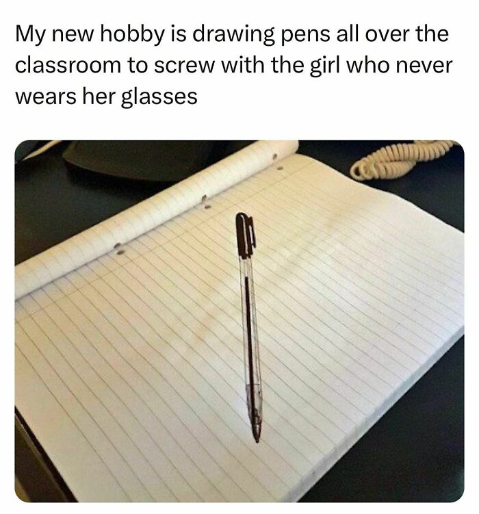 Pen drawing on notebook paper as a relatable student prank in classroom life for students and young adults.
