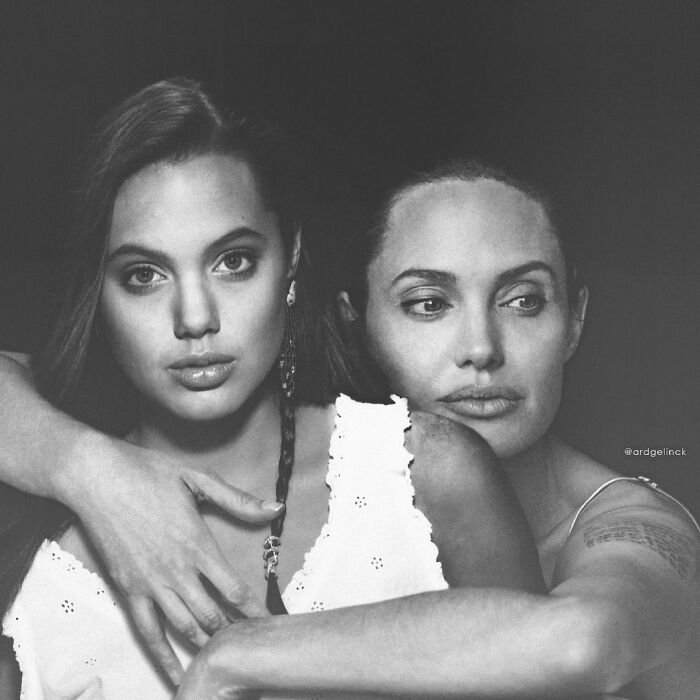 Two versions of a celebrity photoshopped together, showing changes over time.