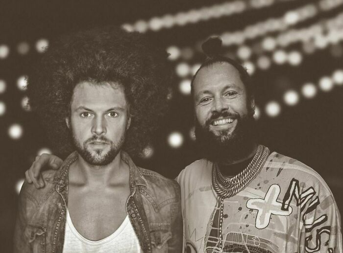 Celebrities photoshopped with their younger selves, showcasing timeless fashion styles and hairstyles in monochrome.