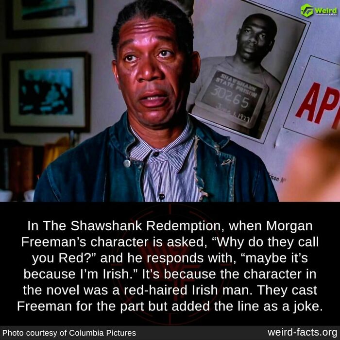 Morgan Freeman as "Red" in The Shawshank Redemption, with a fun trivia fact displayed about the character's origin.