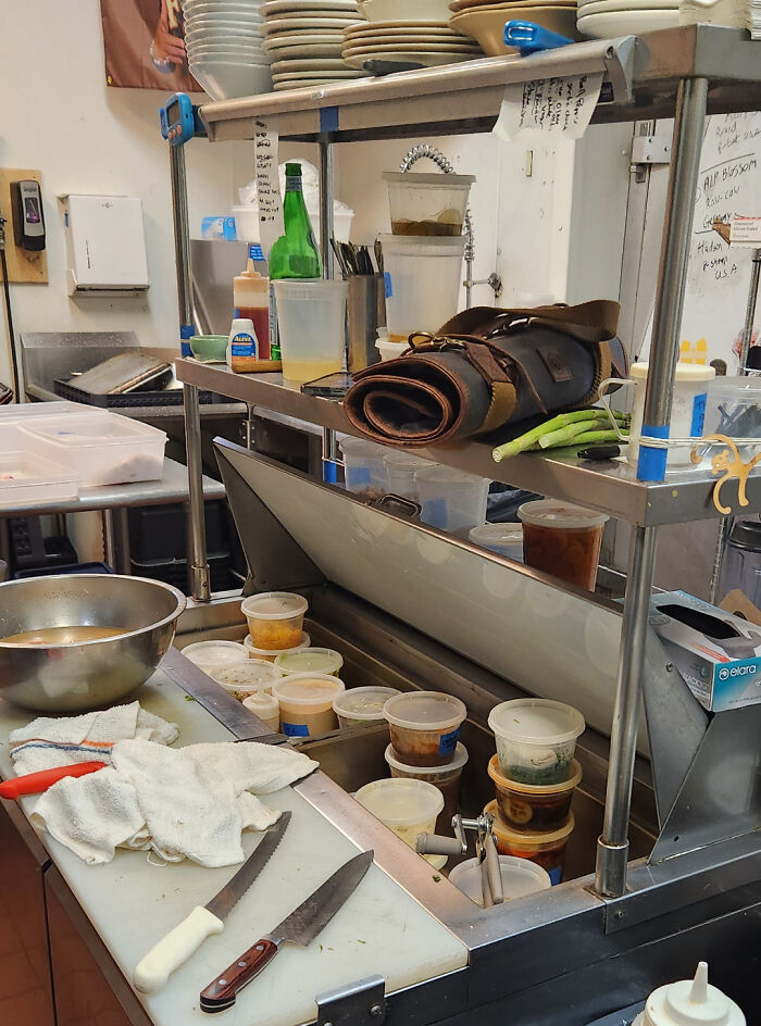 So Owner Decided He's Going To Cook A Couple Days A Week. This Is His Station. Yes We Are Open