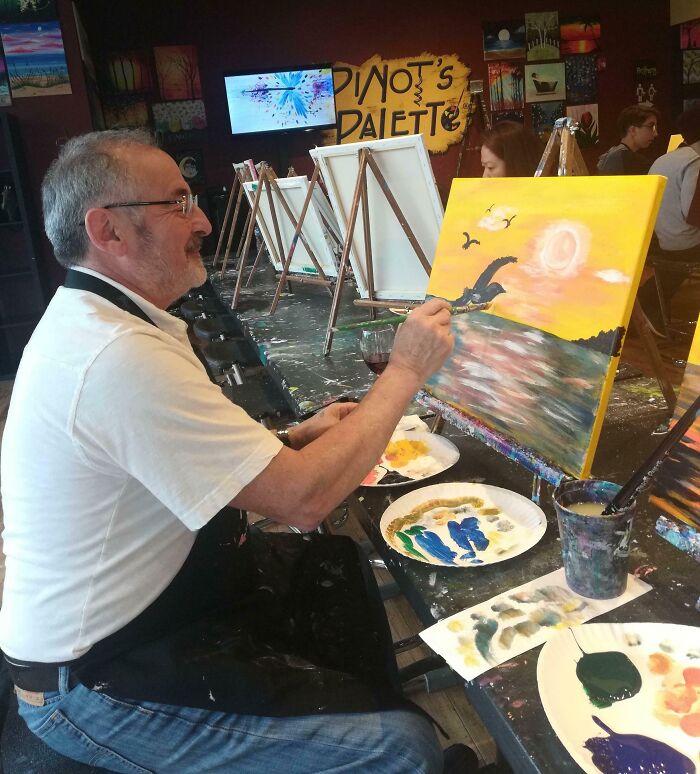 I Took My Dad To His First Paint And Sip For Father's Day. His Smile Melts My Heart
