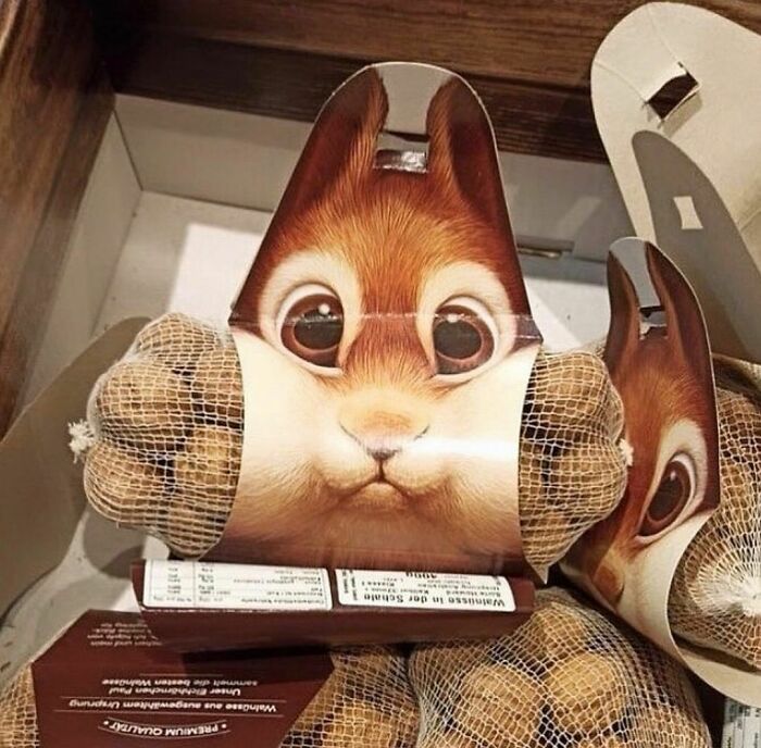 Packaging with a cute animal face holding potatoes, showcasing random and cringe photos for unique sense of humor enthusiasts.