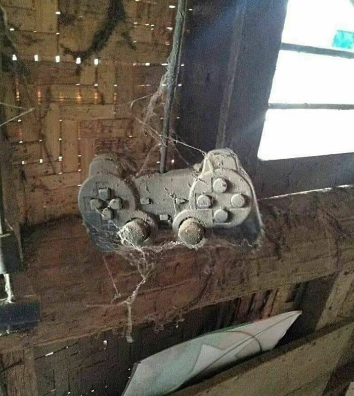 Dust-covered old game controller hanging in a cobweb-filled rustic wooden room, showing random and cringe humor.