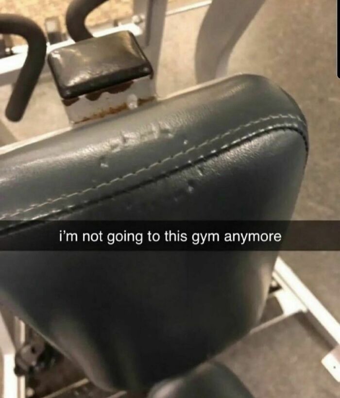 Worn-out gym equipment seat with caption expressing frustration, fitting cringe photos for those with a unique sense of humor.