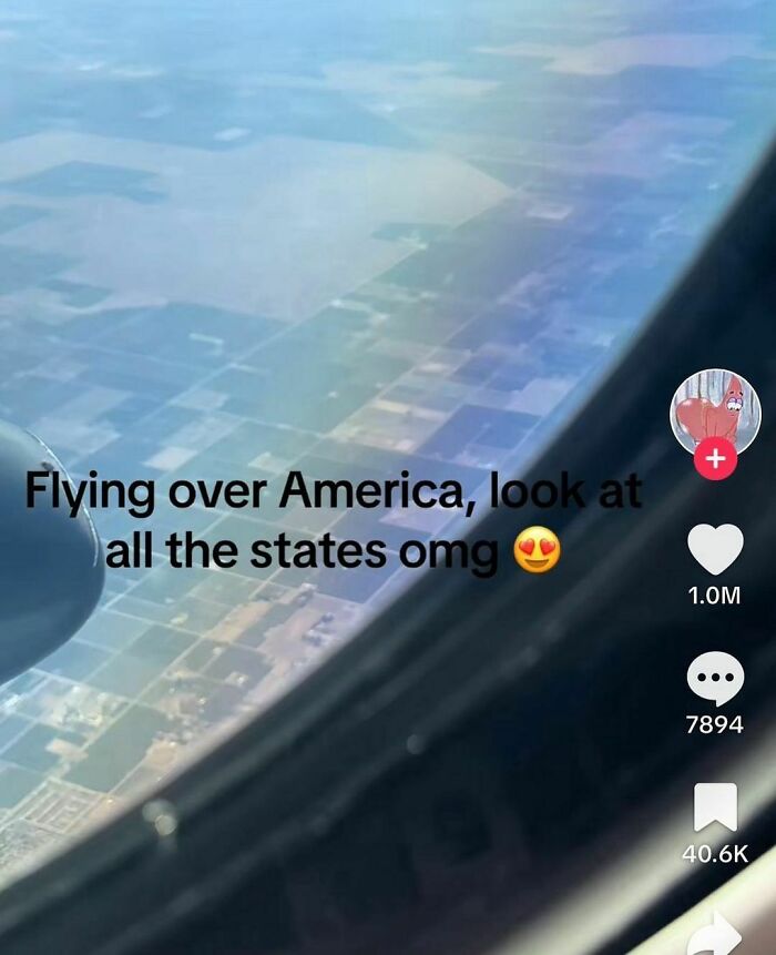 View from airplane window showing farmland, humorously captioned about seeing all the states, random and cringe photo style.