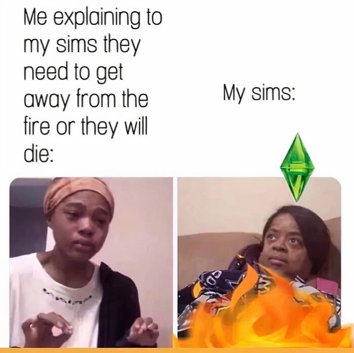 A relatable meme showing a person worried about their Sim character next to a calm Sim with a green crystal icon.