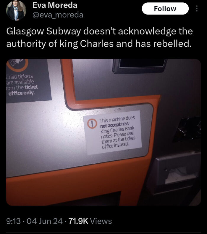 Ticket machine with a notice rejecting King Charles bank notes, highlighting Scottish humor.